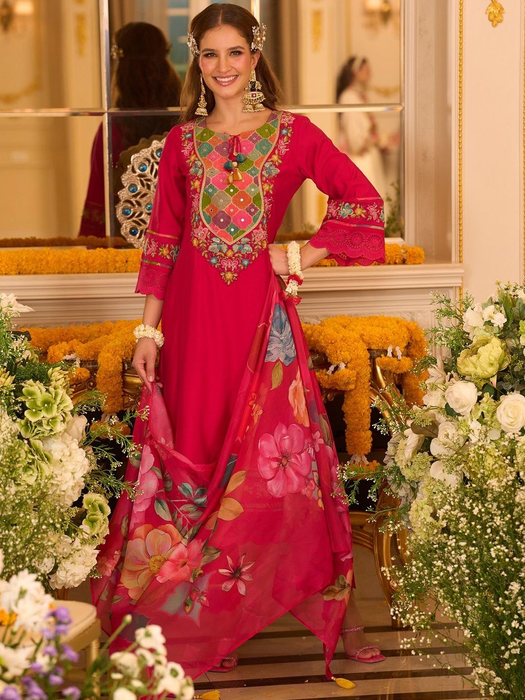 Floral Embroidered Thread Work A-Line Kurta With Trousers & Dupatta