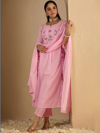 Women Floral Embroidered Empire Thread Work Pure Cotton Kurta with Trousers & With Dupatta