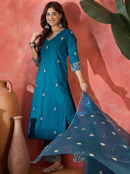 Dhiyona SN Women's Floral Embroidered Thread Work Straight Kurta With Trousers & Dupatta