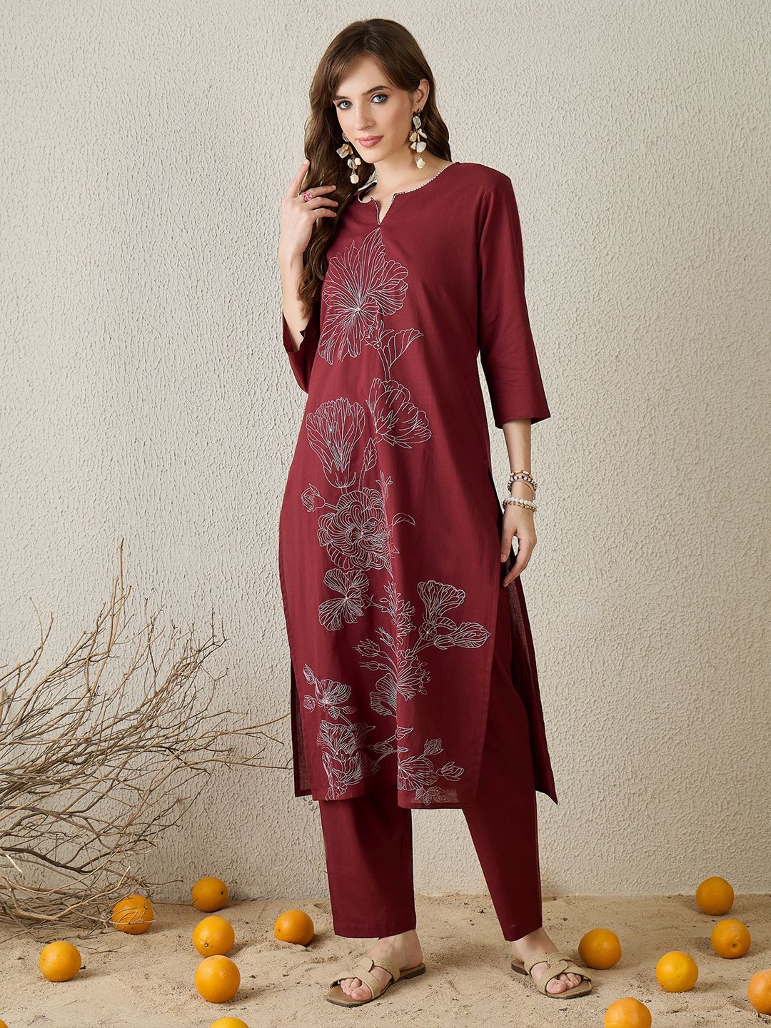 Dhiyona IE Women Floral Embroidered Thread Work Pure Cotton Kurta with Trousers