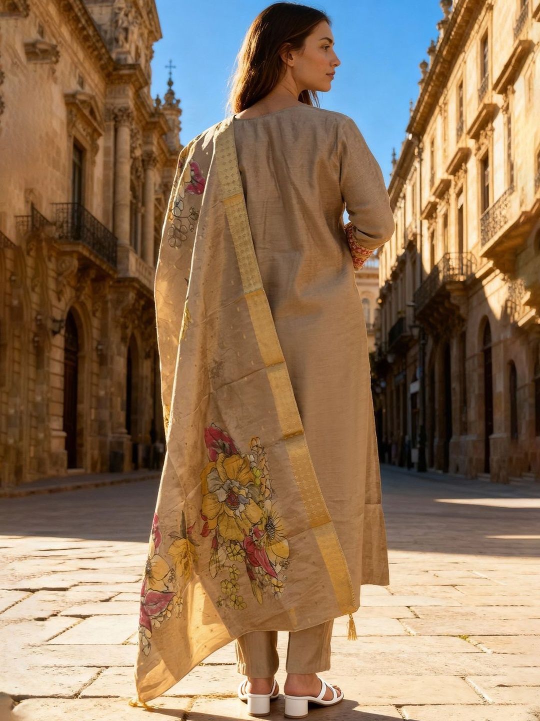 Women Floral Embroidered Regular Thread Work Raw Silk Kurta with Trousers & With Dupatta