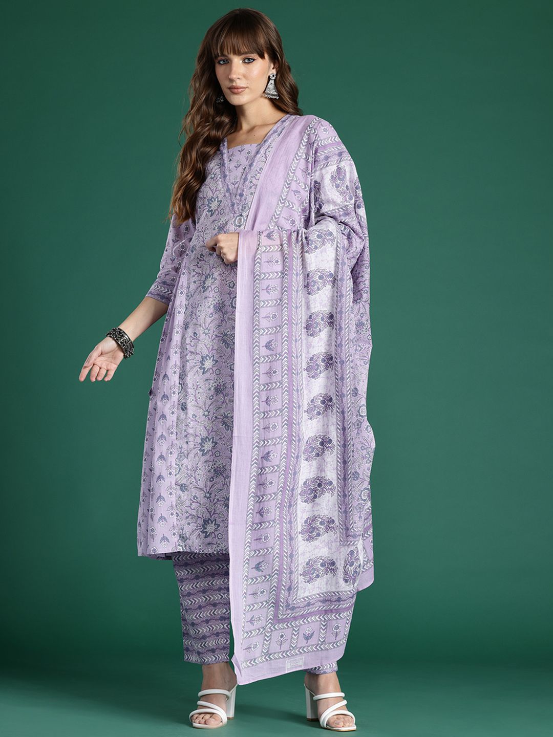 Floral Printed Pleated Pure Cotton Kurta With Trousers & Dupatta