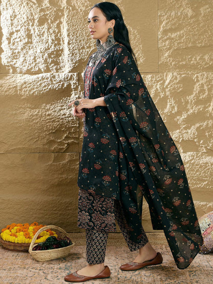 Dhiyona IE Women Floral Printed Regular Pure Cotton Kurta with Trousers & Dupatta