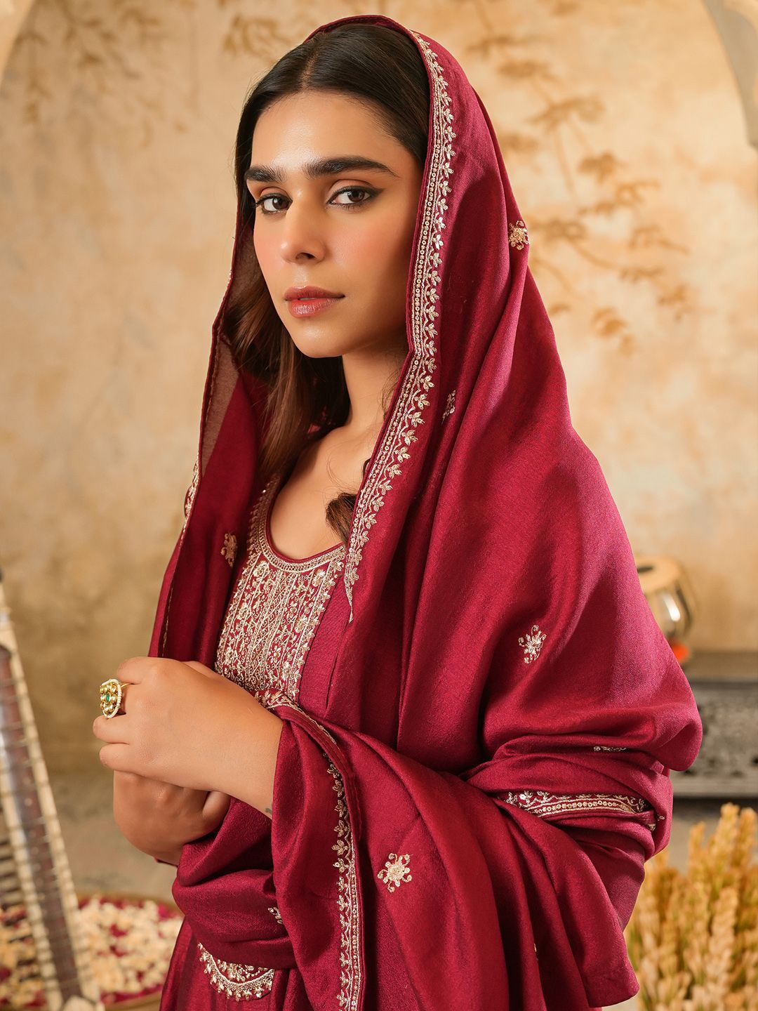 Floral Yoke Design Round Neck Zari Anarkali Kurta & Trousers With Dupatta