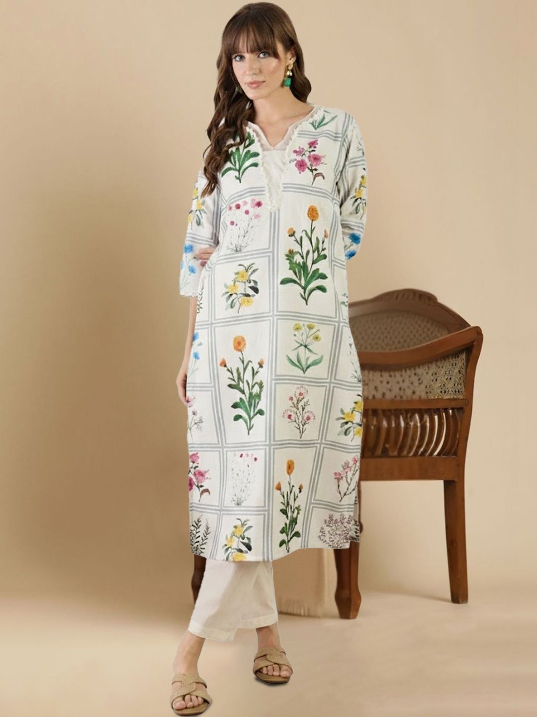 Women Floral Printed Regular Linen Kurta with Trousers