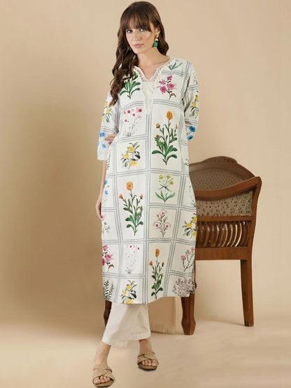 Women Floral Printed Regular Linen Kurta with Trousers