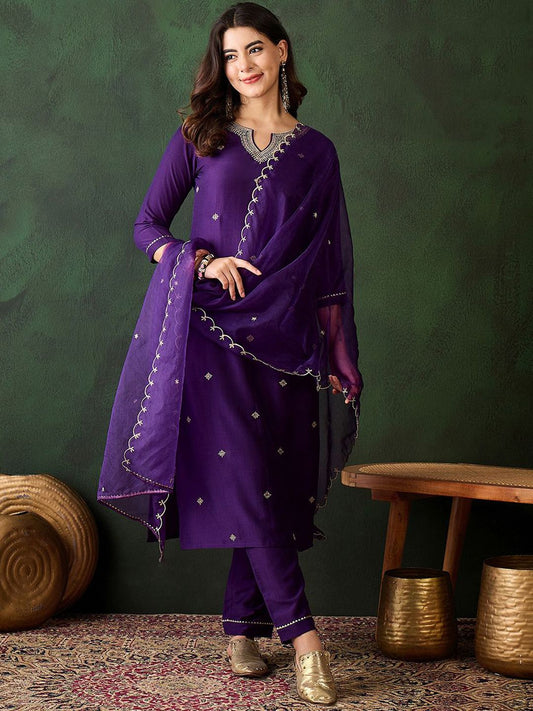Dhiyona SN Women's Floral Embroidered Three-Quarter Sleeves Straight Kurta & Trouser & Dupatta