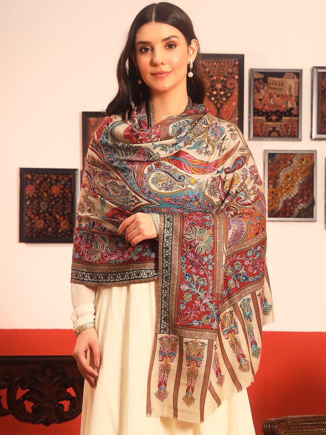 Dhiyona PA Paisley Embroidered Rangkalam Pure Wool Kalamkari Shawl