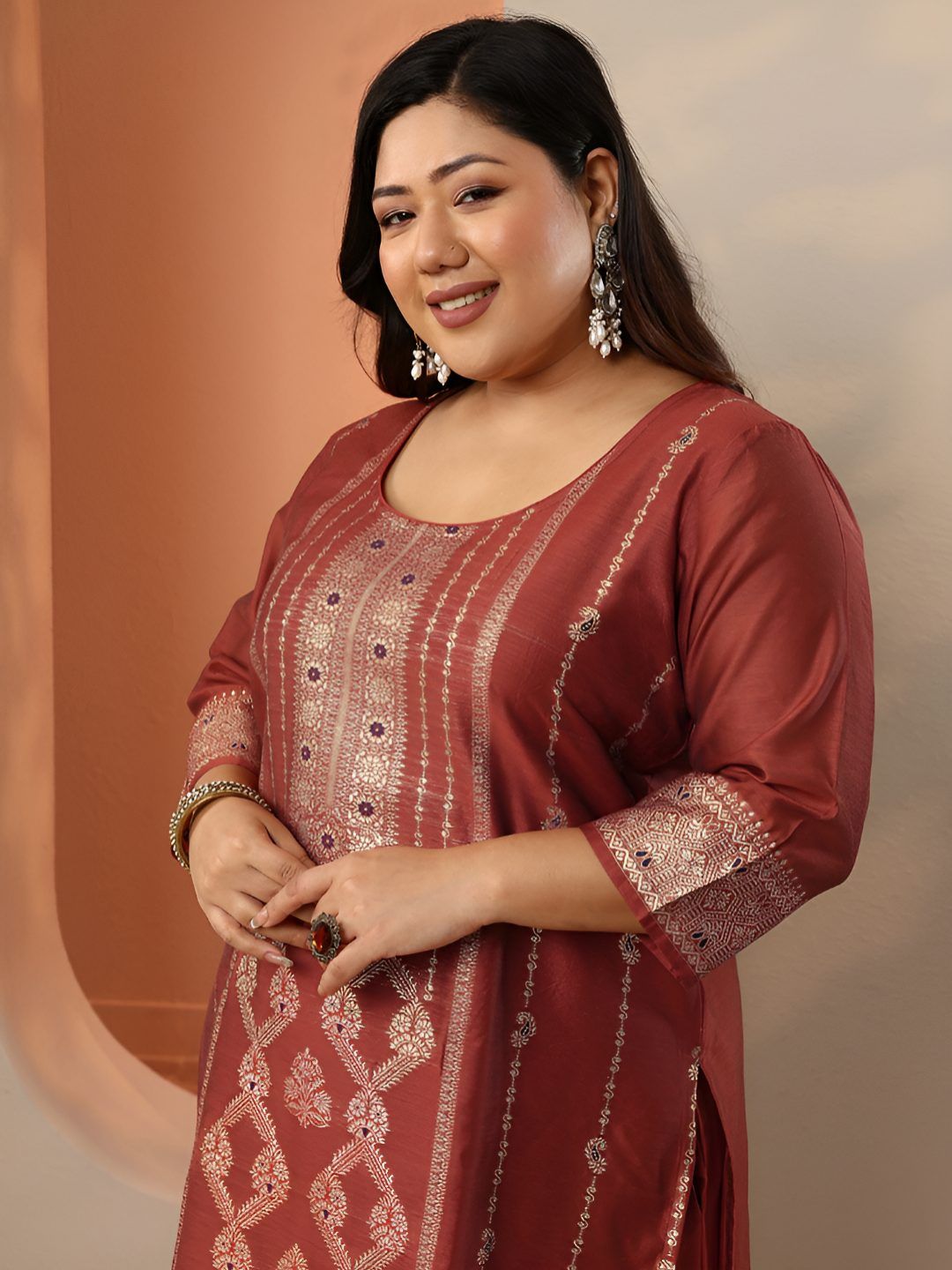 Dhiyona Women's Plus Size Ethnic Motifs Embroidered Kurta with Trousers & Dupatta
