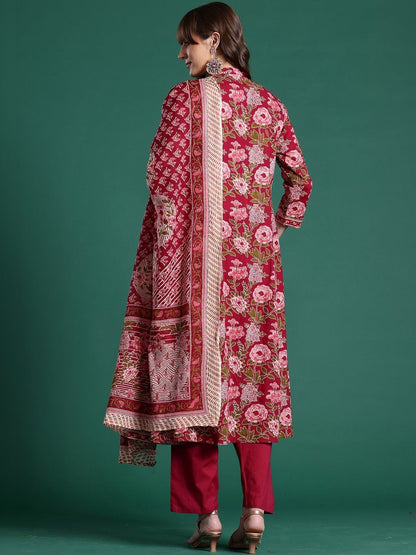 Women Floral Printed Angrakha Pure Cotton Kurta with Trousers & With Dupatta
