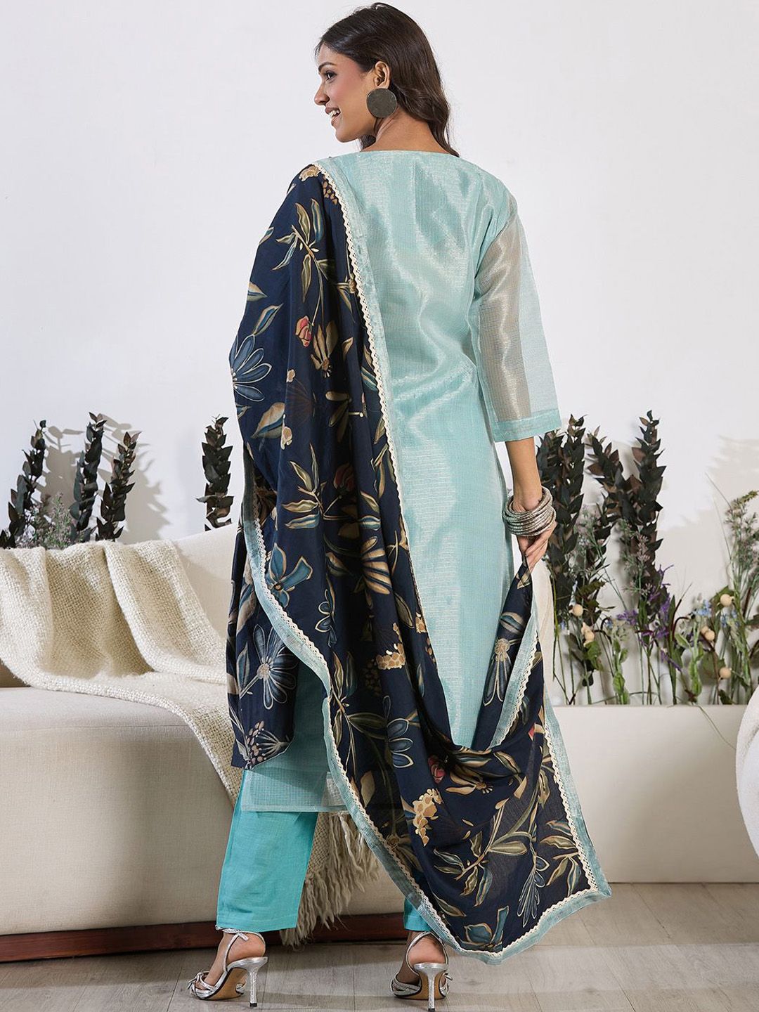 Dhiyona IE Floral Embroidered Thread Work Pure Cotton Kurta with Trouser & Dupatta