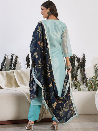 Dhiyona IE Floral Embroidered Thread Work Pure Cotton Kurta with Trouser & Dupatta