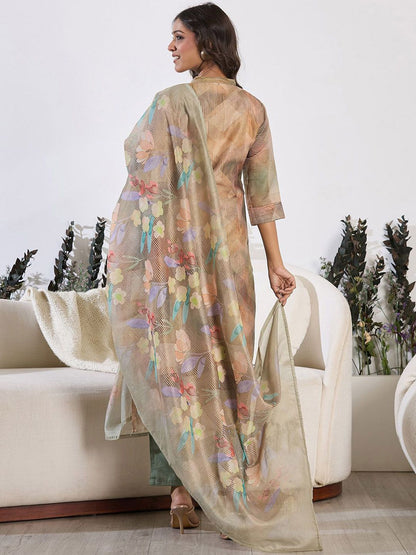 Floral Printed Thread Work Chanderi Silk Kurta with Trouser & Dupatta