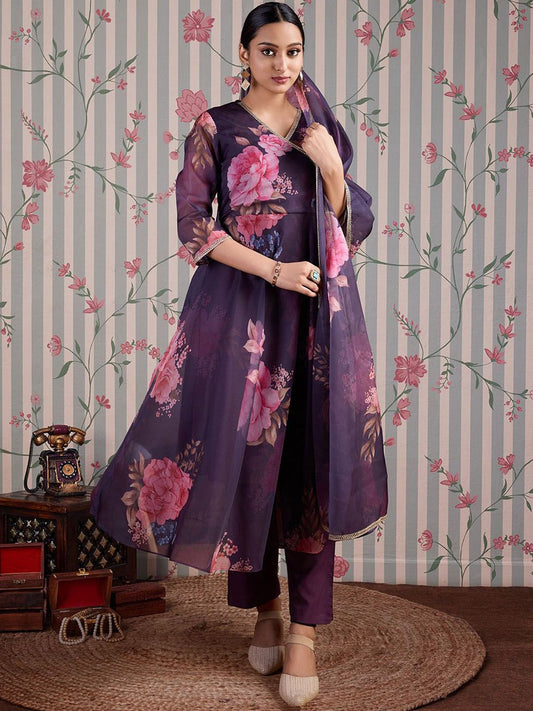 Dhiyona OD  Floral Printed Gotta Patti Anarkali Kurta with Trousers & Dupatta