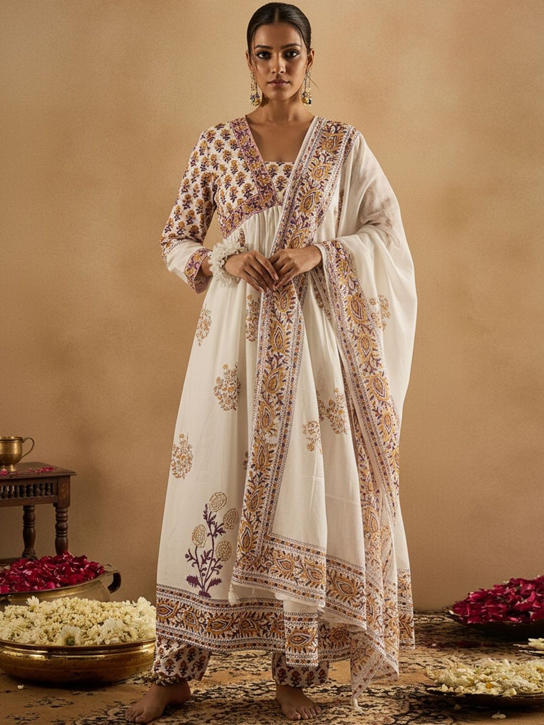 Ethnic Motifs Printed Empire Pure Cotton Anarkali Kurta With Trousers & Dupatta