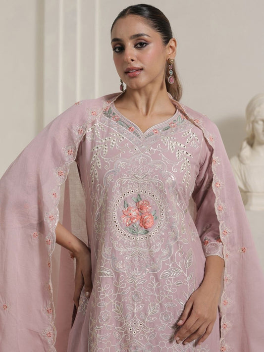 Women Floral Embroidered Regular Thread Work Pure Cotton Kurta with Trousers & With Dupatta