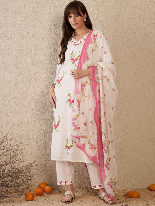 Dhiyona IE Women Floral Embroidered Regular Thread Work Pure Cotton Kurta with Trousers & With Dupatta