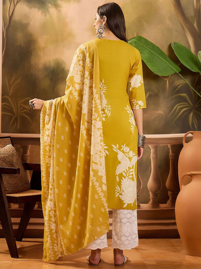 Dhiyona SN Women's Floral Printed Thread Work Pure Cotton Straight Kurta Set With Dupatta