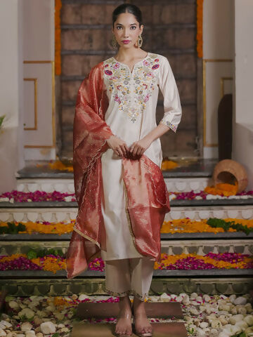 Women's Off White Embroidered Straight Kurta Trousers With Dupatta Set