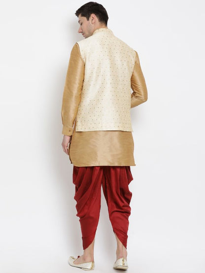 Men's Rose Gold Silk Blend Straight Jacket  Kurta and Dhoti Set