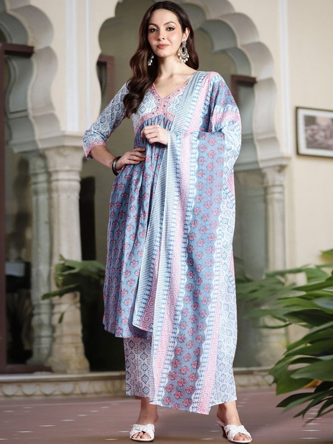Women Ethnic Motifs Printed Empire Mirror Work Pure Cotton Kurta with Trousers & With Dupatta