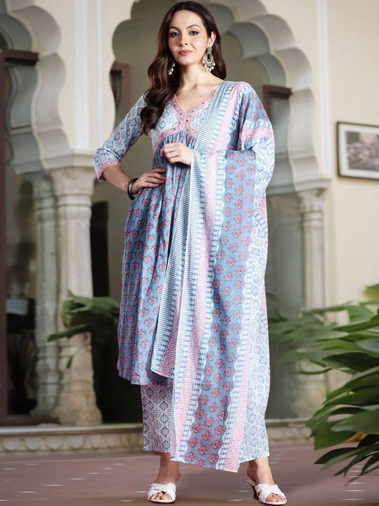 Women Ethnic Motifs Printed Empire Mirror Work Pure Cotton Kurta with Trousers & With Dupatta
