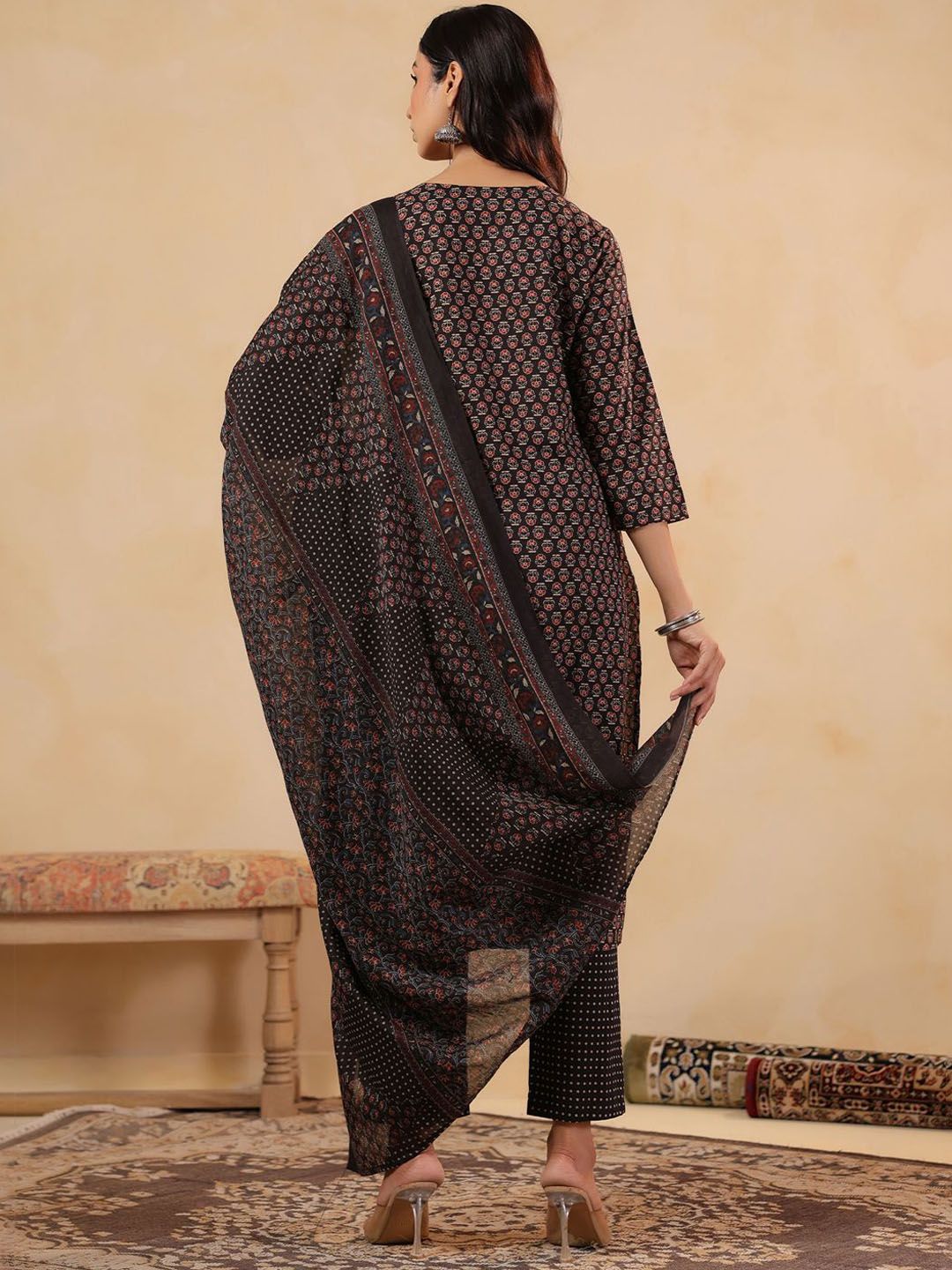 Ethnic Motifs Printed Pure Cotton Straight Kurta With Trousers & Dupatta