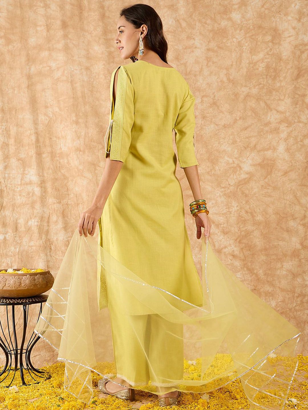 Floral Printed Straight Liva Kurta with Palazzo & Dupatta