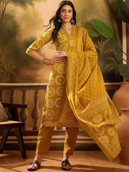 Dhiyona SN Women's Bandhani Printed Pure Cotton Straight Kurta With Trousers & Dupatta Set