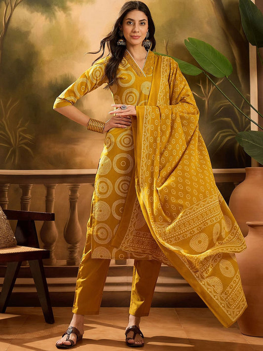 Dhiyona SN Women's Bandhani Printed Pure Cotton Straight Kurta With Trousers & Dupatta Set