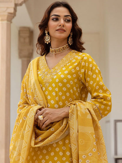 Dhiyona IS Women's Ethnic Motifs Printed Beads & stones Straight Kurta With Palazzos & Dupatta
