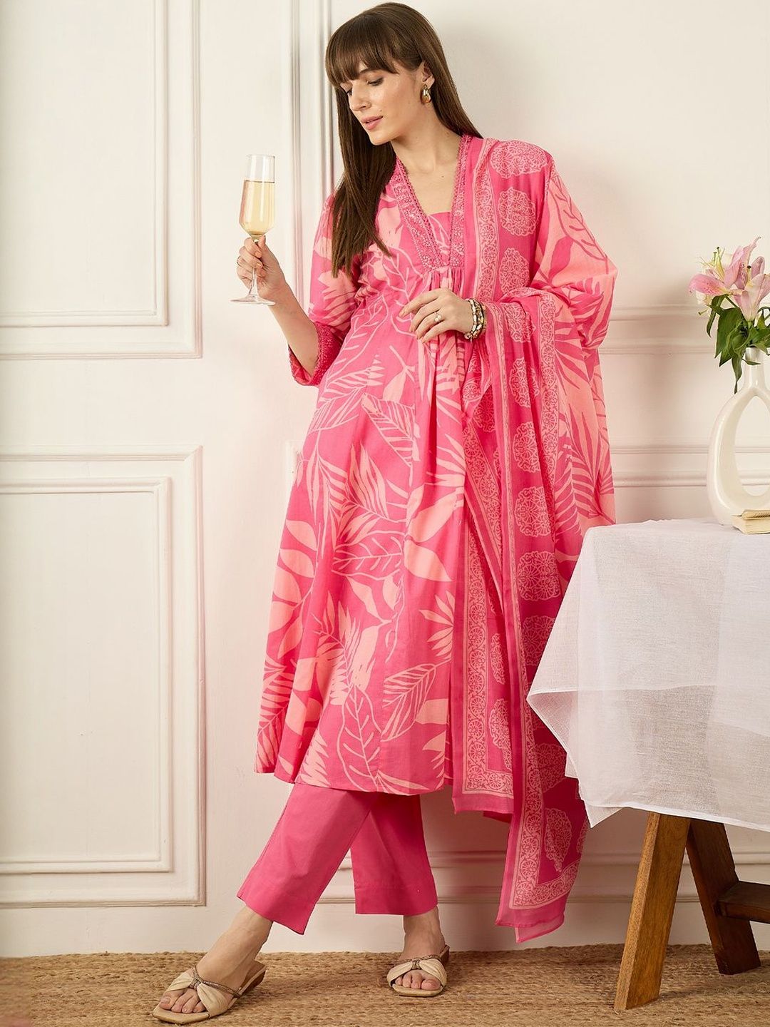 Floral Printed Thread Work Pure Cotton Kurta With Palazzos & Dupatta