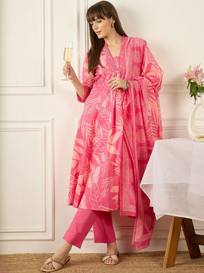 Floral Printed Thread Work Pure Cotton Kurta With Palazzos & Dupatta