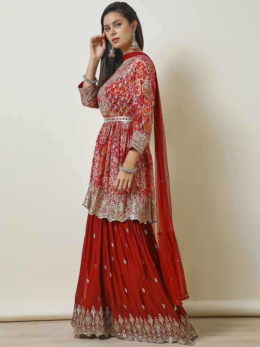 Dhiyona SO Women's Ethnic Motifs Embroidered Empire Sequinned Anarkali Kurti with Sharara & Dupatta