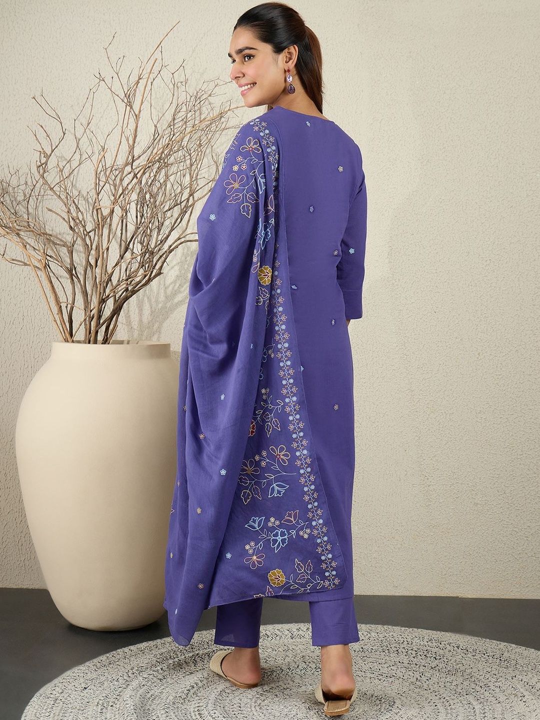 Women Floral Embroidered Cotton A-Line Kurta with Trousers & Dupatta