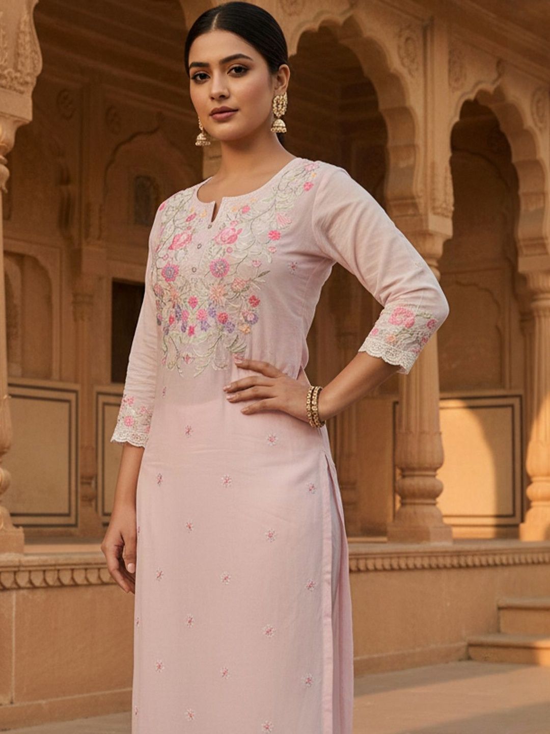 Women Pure Cotton Floral Embroidered Kurta Set With Trousers & Dupatta