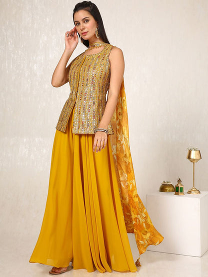Dhiyona SO Women's Alina Cut Ethnic Motifs Embroidered Sequinned Kurti with Palazzos & With Dupatta