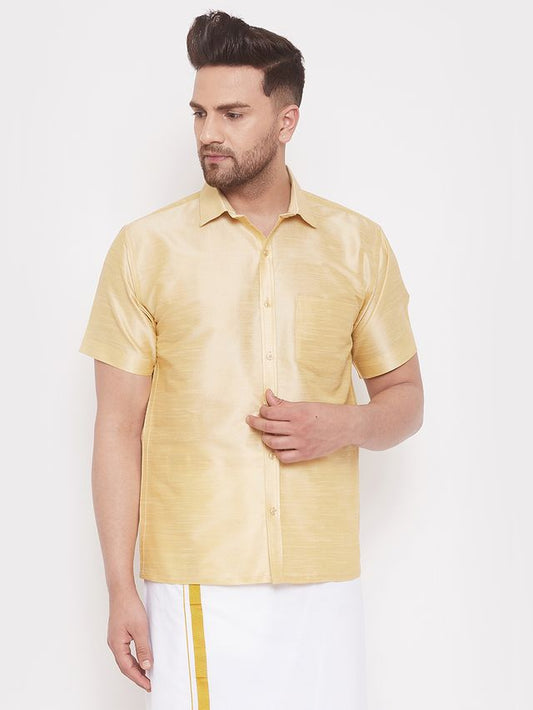 Men's Gold Silk Blend Straight Ethnic Shirt