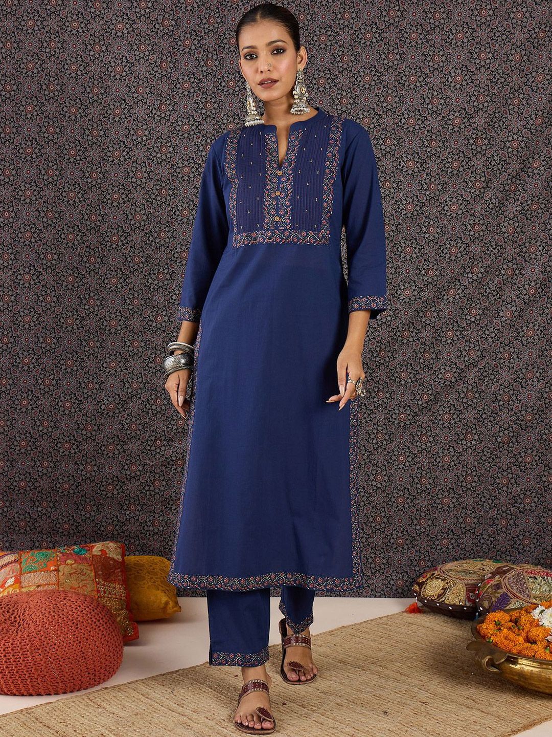 Embroidered Notch Neck Thread Work Pure Cotton Kurta With Trousers & Dupatta