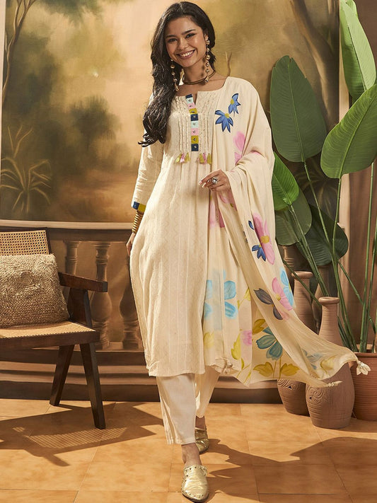 Dhiyona SN Women's Floral Embroidered Pure Cotton Straight Kurta With Trousers & Dupatta