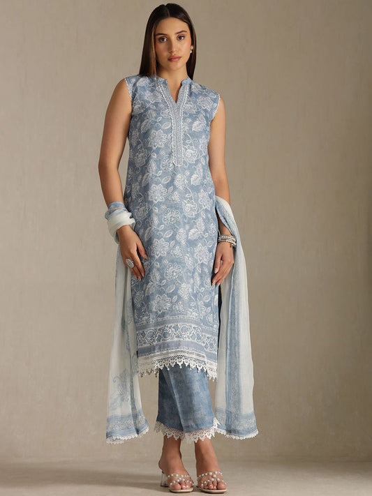 Dhiyona SO Women's Women Floral Printed Linen Kurta with Trousers & Dupatta