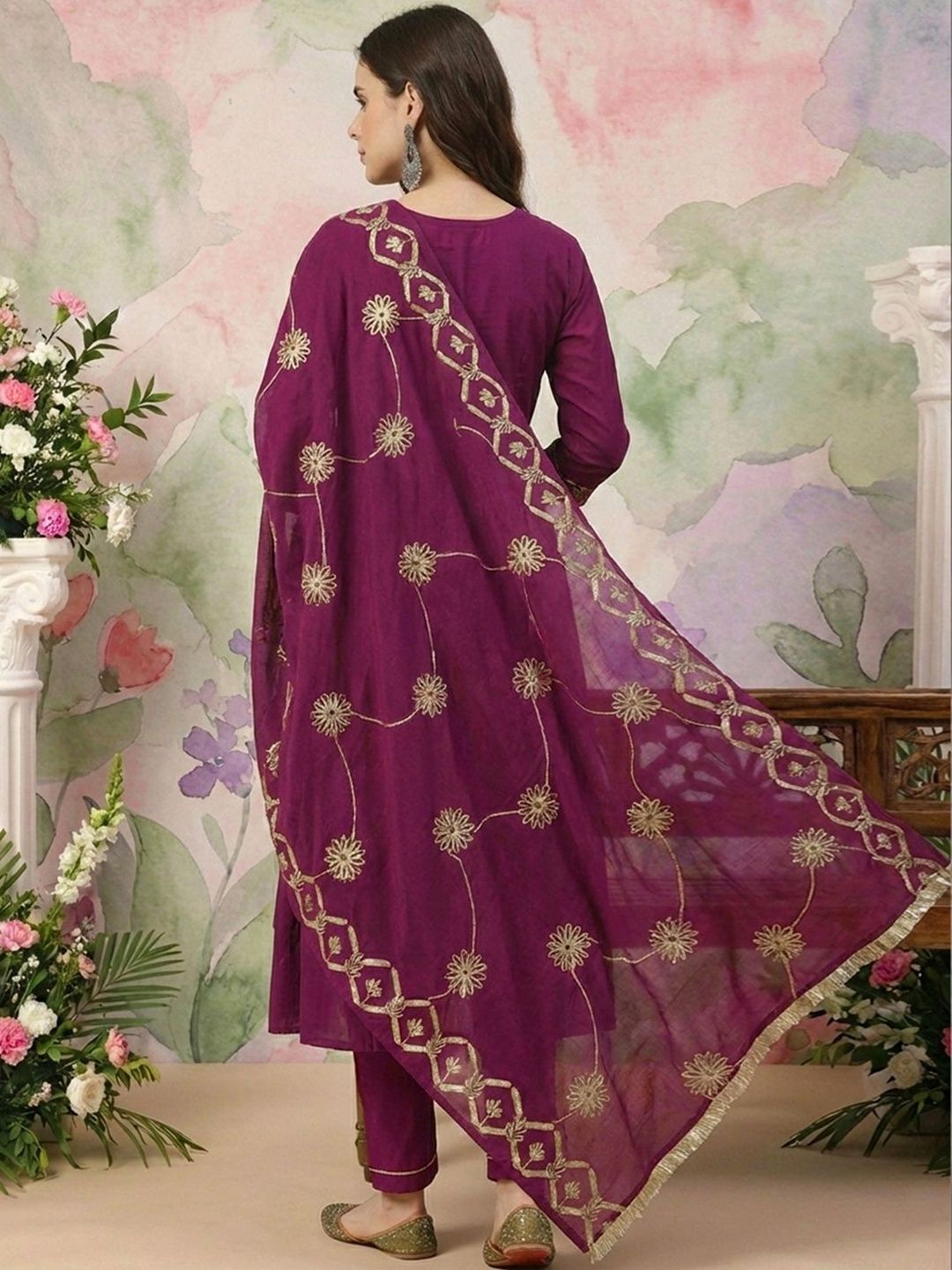 Dhiyona CH Women Ethnic Motifs Embroidered Tiered Thread Work Kurta with Trousers & With Dupatta