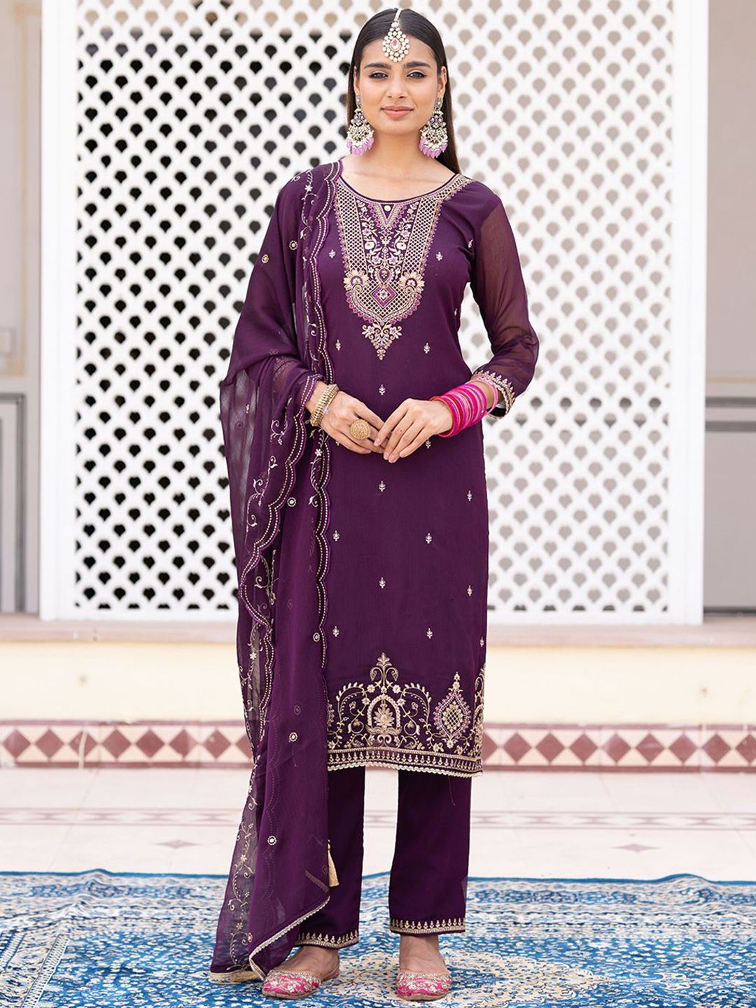 Dhiyona CH Women Ethnic Motifs Embroidered Regular Thread Work Kurta with Trousers & With Dupatta