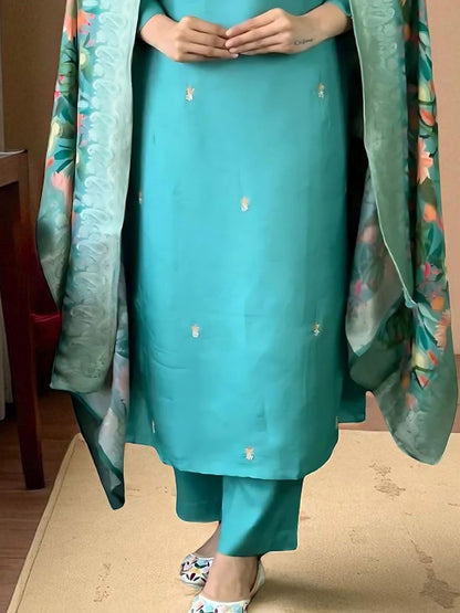 Dhiyona SN Women's Floral Embroidered Thread Work Straight Kurta With Trouser And Dupatta