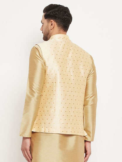 Men's Rose Gold Silk Blend Straight Jacket  Kurta and Dhoti Set