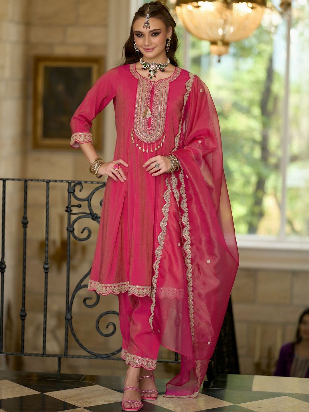 Embroidered Notch A-Line Kurta With Trousers & Dupatta