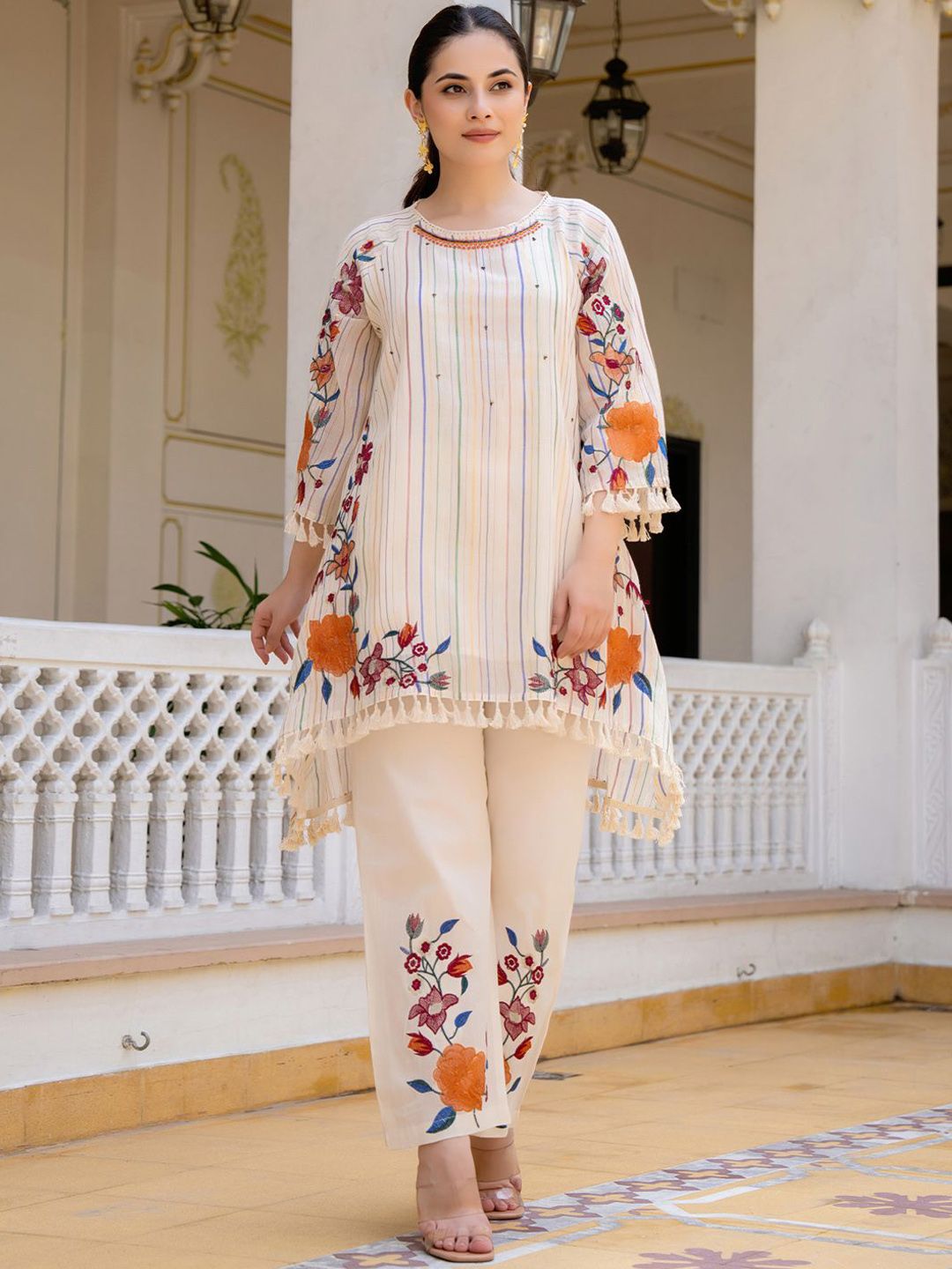 Dhiyona IE Floral Embroidered Round Neck A-Line Pure Cotton Kurta With Palazzos