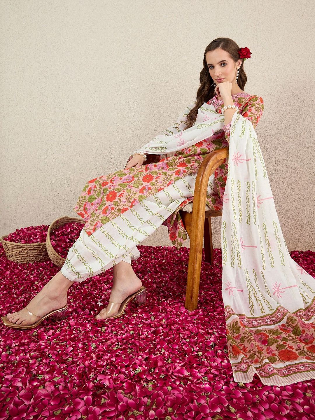 Women Floral Printed Regular Thread Work Pure Cotton Kurta with Salwar & With Dupatta