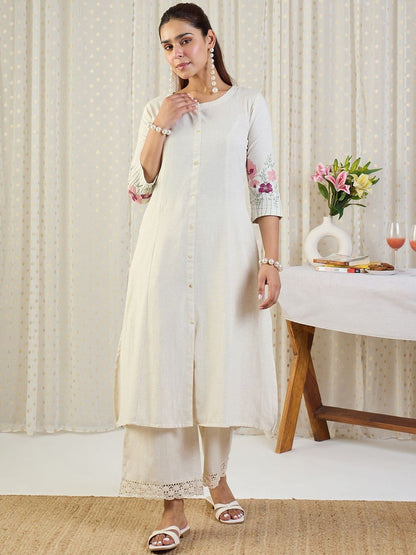 Floral Embroidered Round Neck A-Line Thread Work Kurta With Palazzos