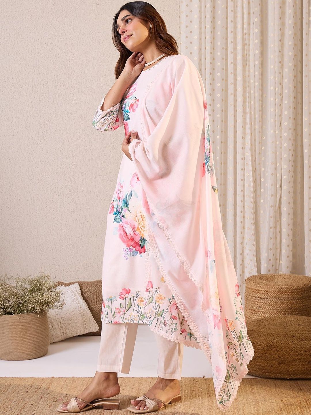Floral Printed Round Neck Linen Straight Kurta & Trousers With Dupatta